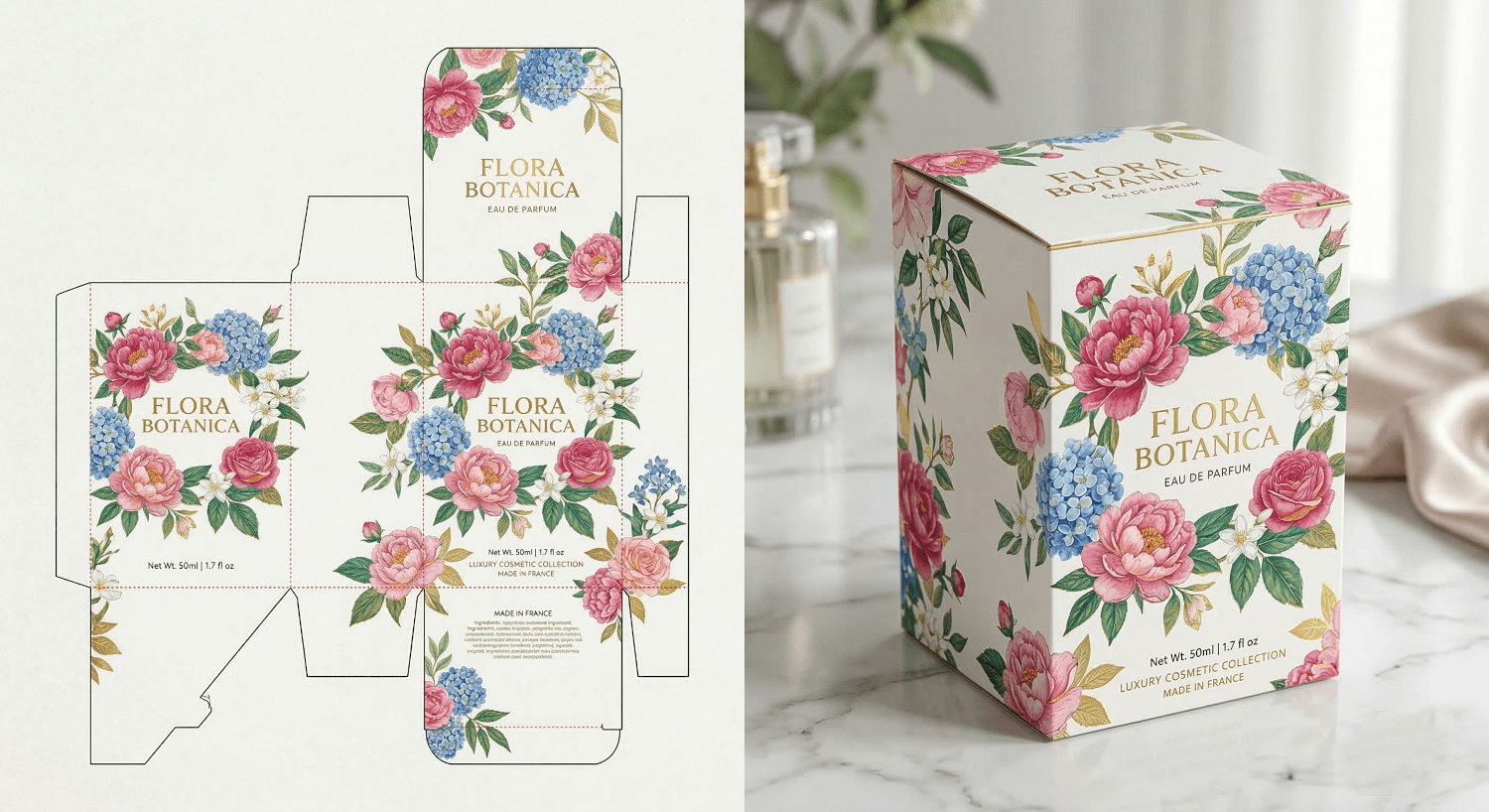 dieline / prototype of a custom printed reverse tuck in packaging box at Crateform
