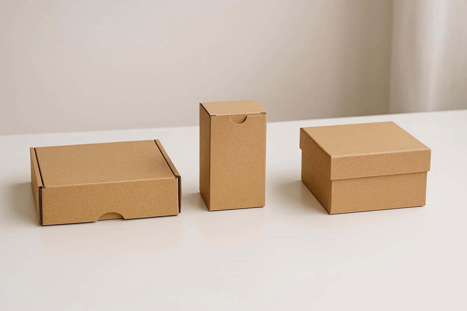 A side-by-side or grouped shot of a custom mailer box, a product folding carton box, and a rigid box