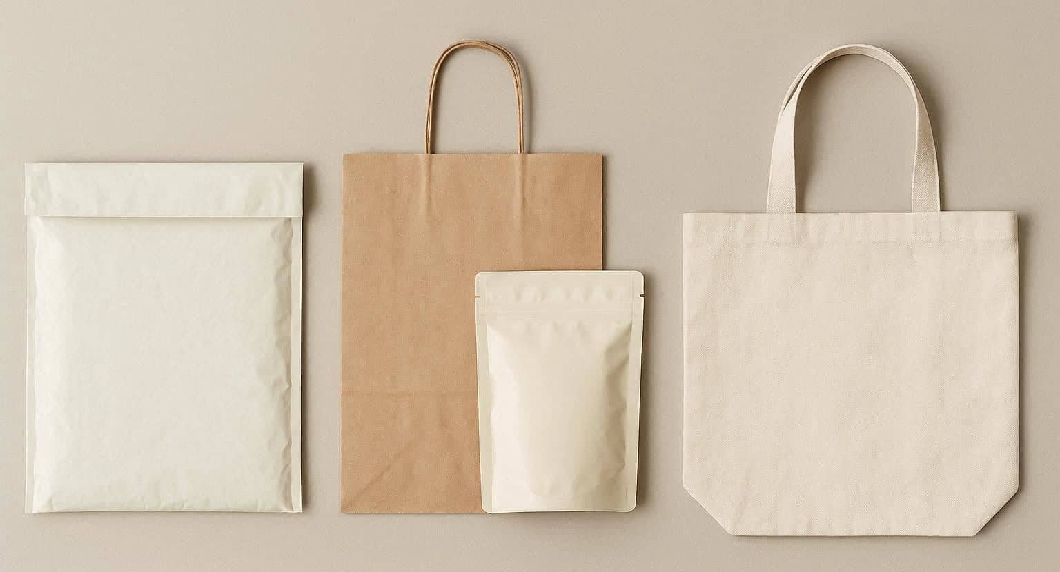  A flat-lay of Crateform's bag range — custom poly mailer, paper bag, product pouch, and reusable tote